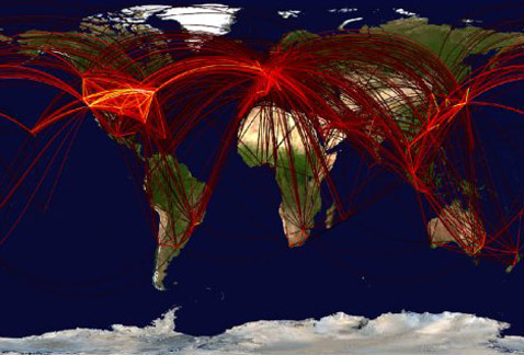 Используемая учёными всемирная сеть воздушных сообщений между 500 крупнейшими аэропортами Земли. Чем ярче цвет, тем загруженнее линия (изображение Max Planck Institute for Dynamics and Self Organisation)<!-- SP1626D331 -->.